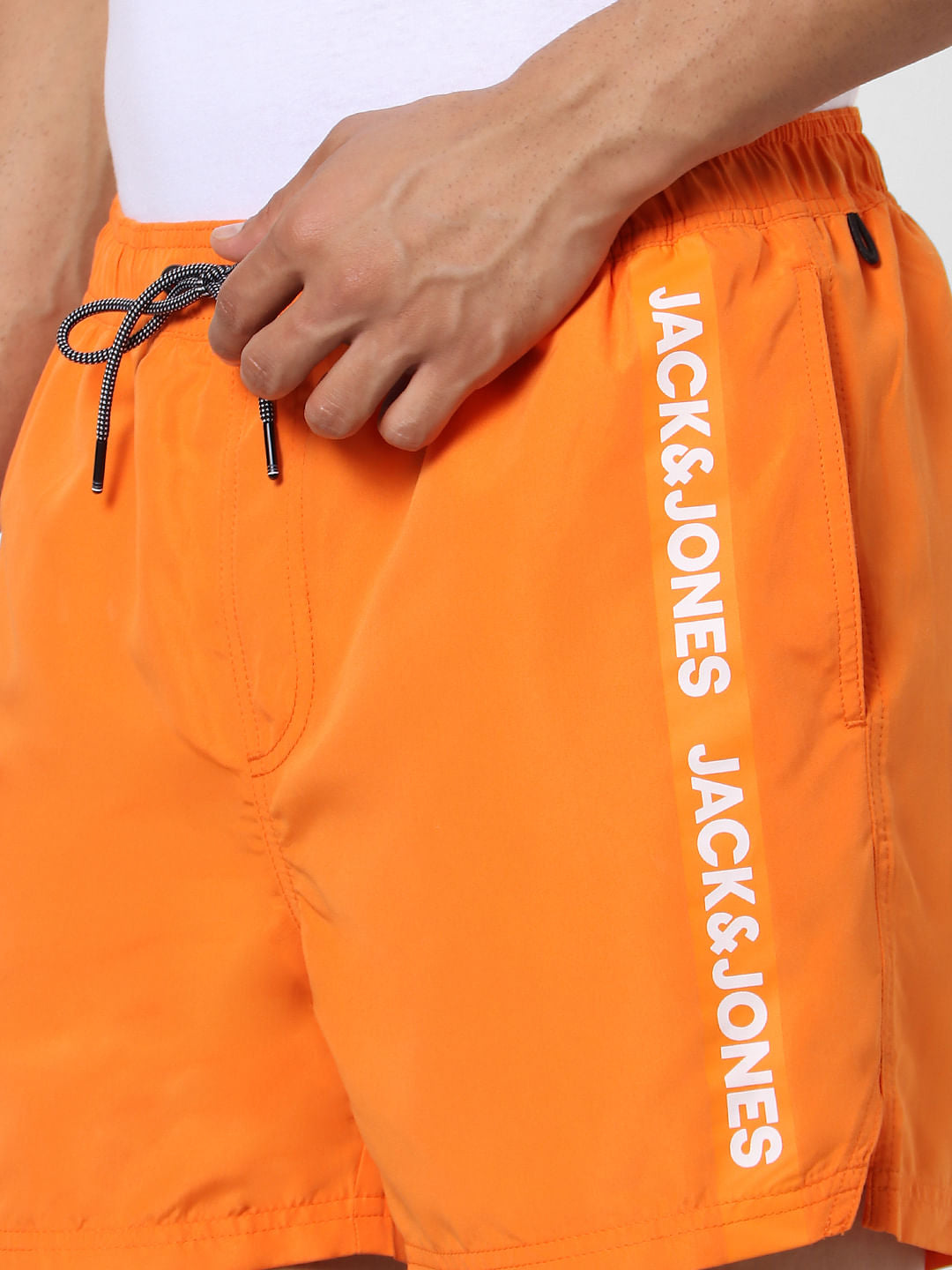 Orange Mid Rise Logo Print Tape Detail Drawstring Swimshorts