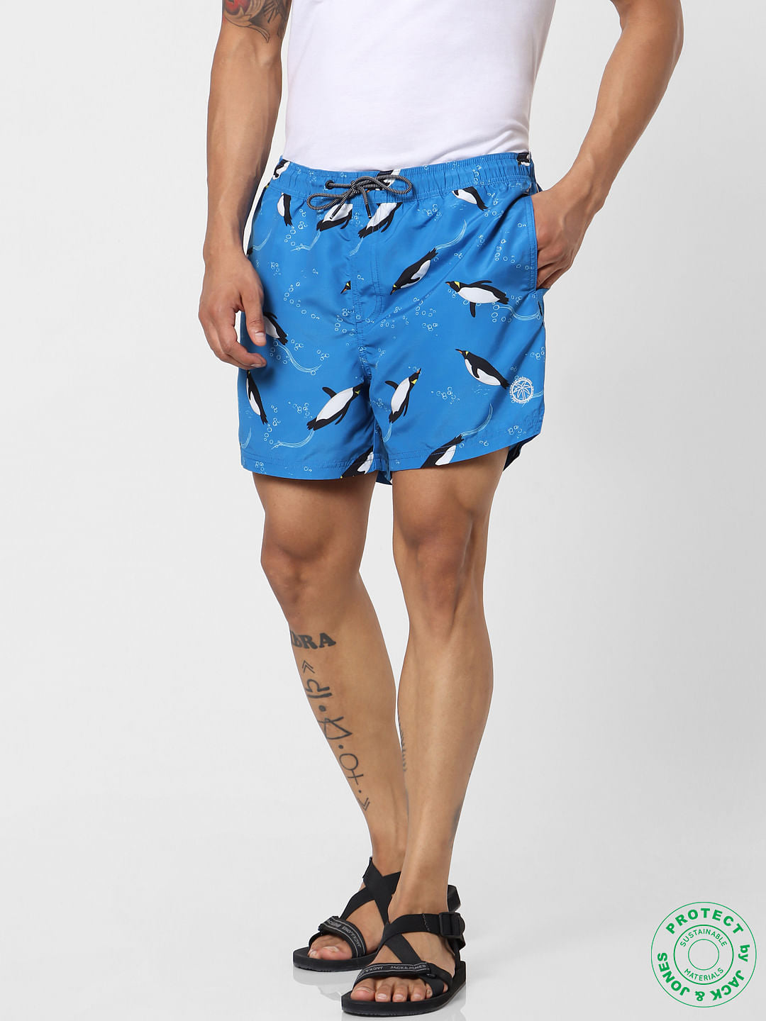 Blue Mid Rise All Over Print Swimshorts