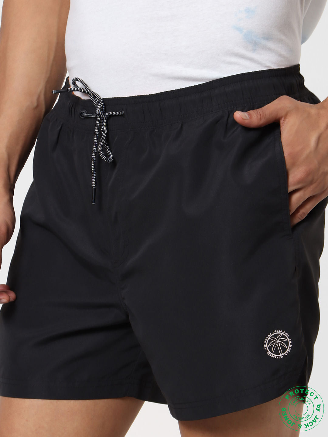 Black Mid Rise Drawstring Swimshorts