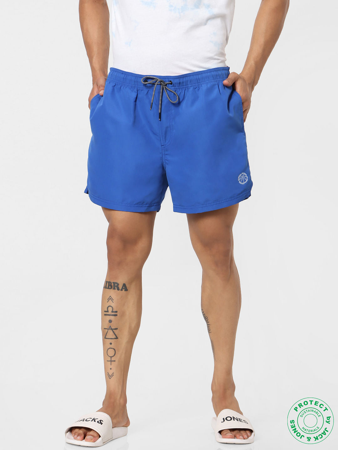 Blue Mid Rise Drawstring Swimshorts