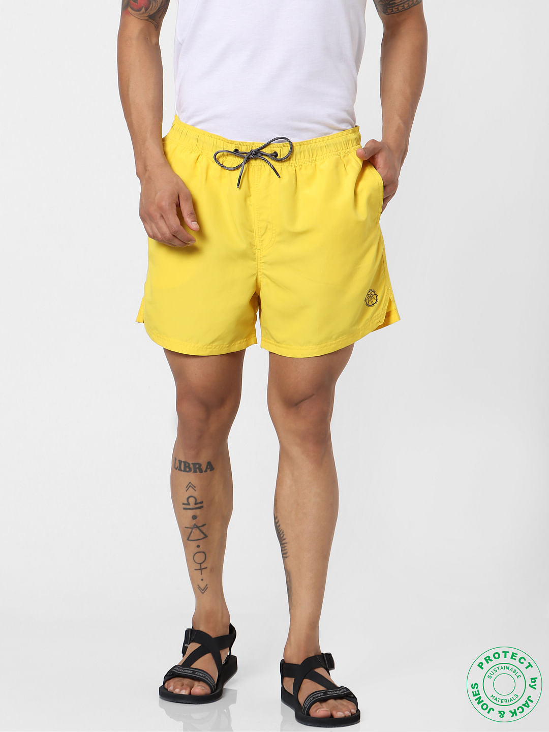 Yellow Mid Rise Drawstring Swimshorts - S