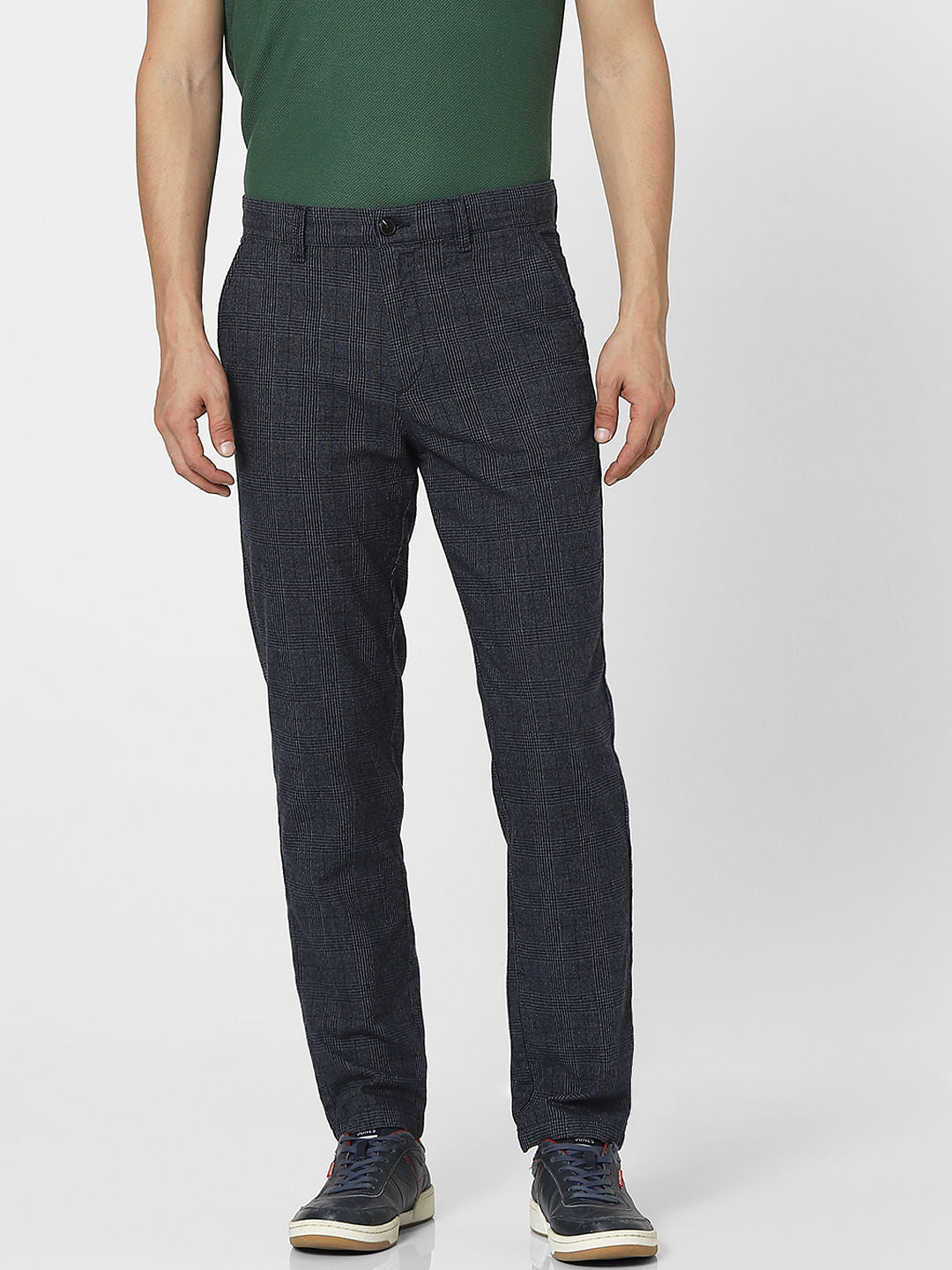 Dark Navy Blue Mid Rise Check Pants