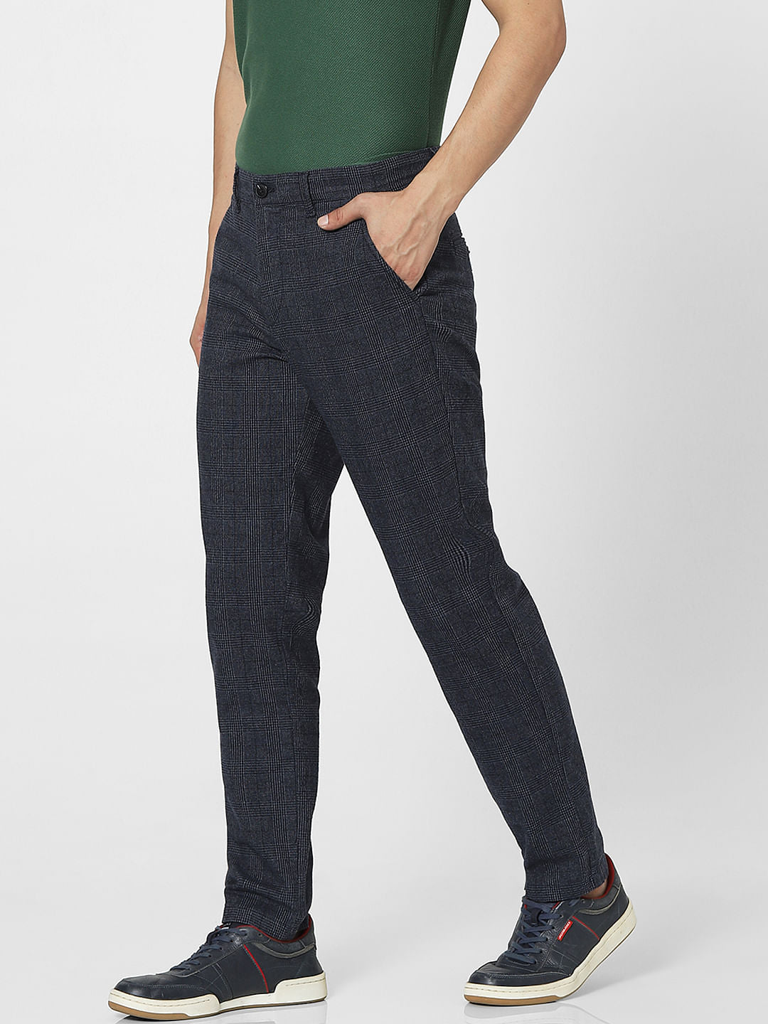 Dark Navy Blue Mid Rise Check Pants