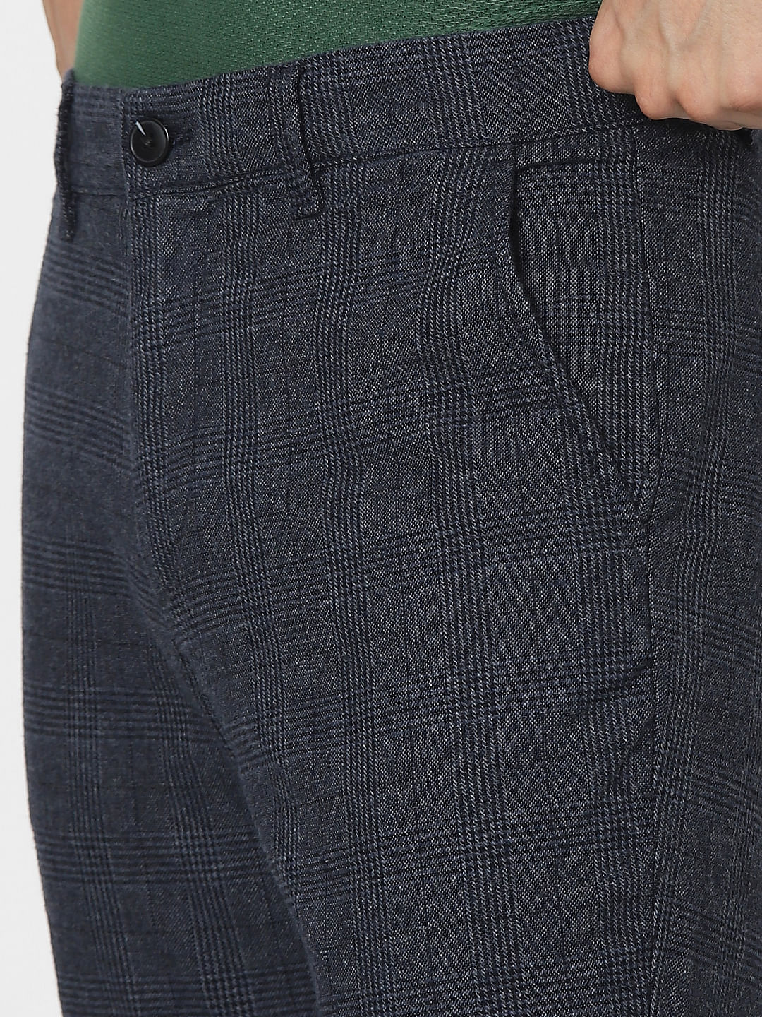 Dark Navy Blue Mid Rise Check Pants