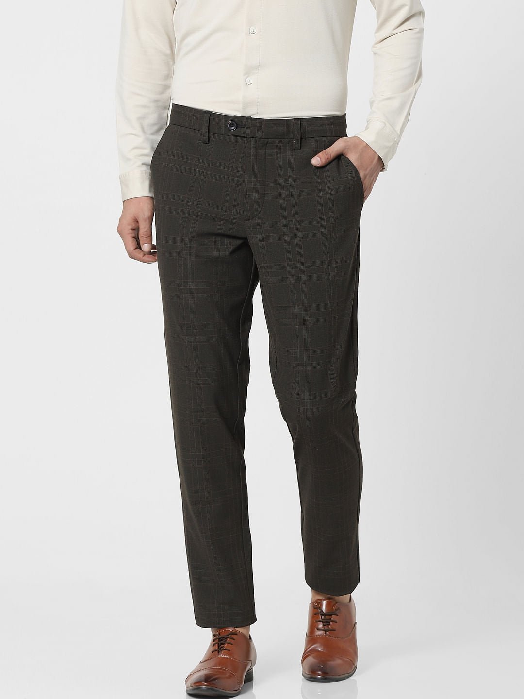Grey Mid Rise Check Pants