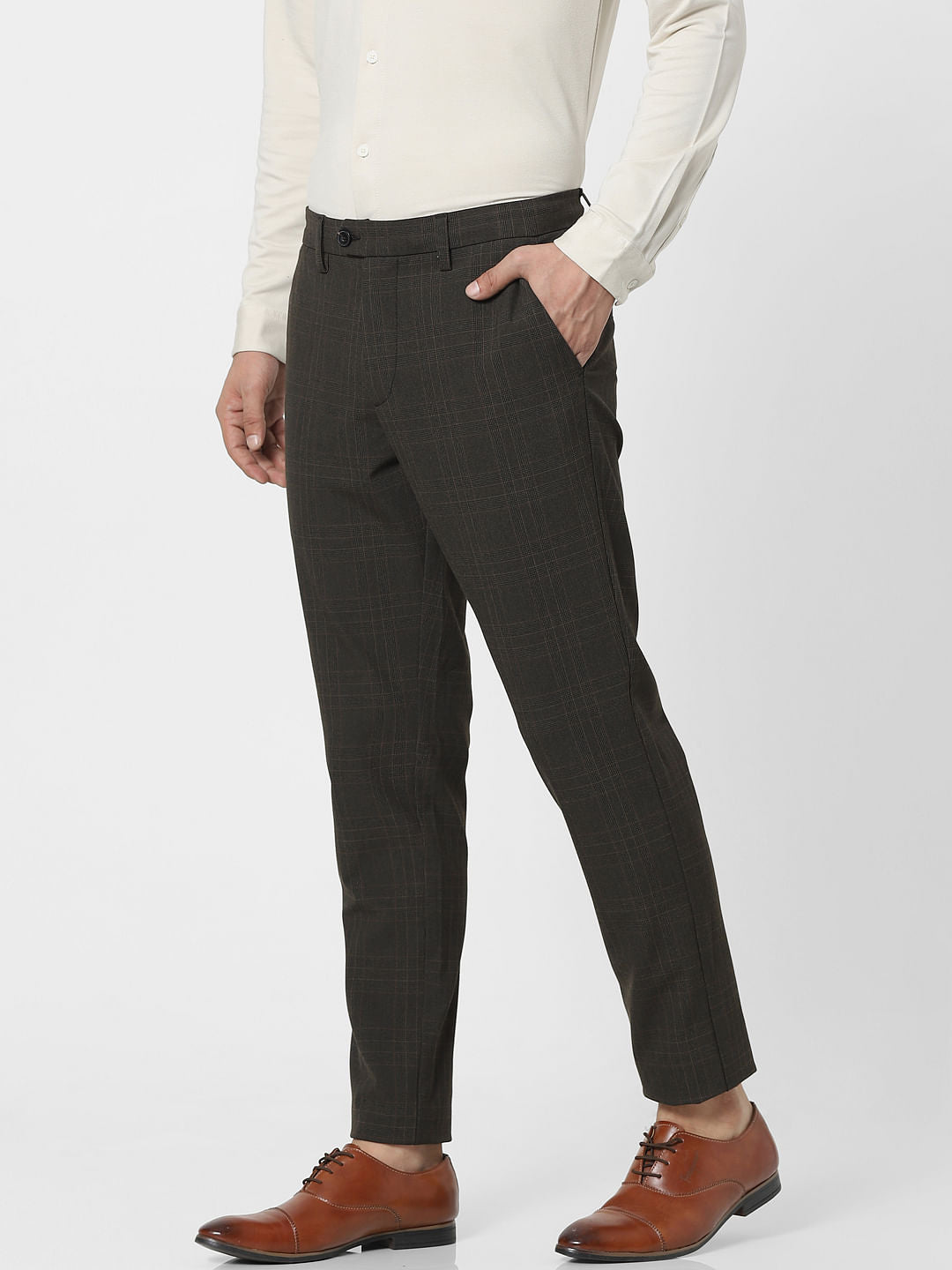 Grey Mid Rise Check Pants