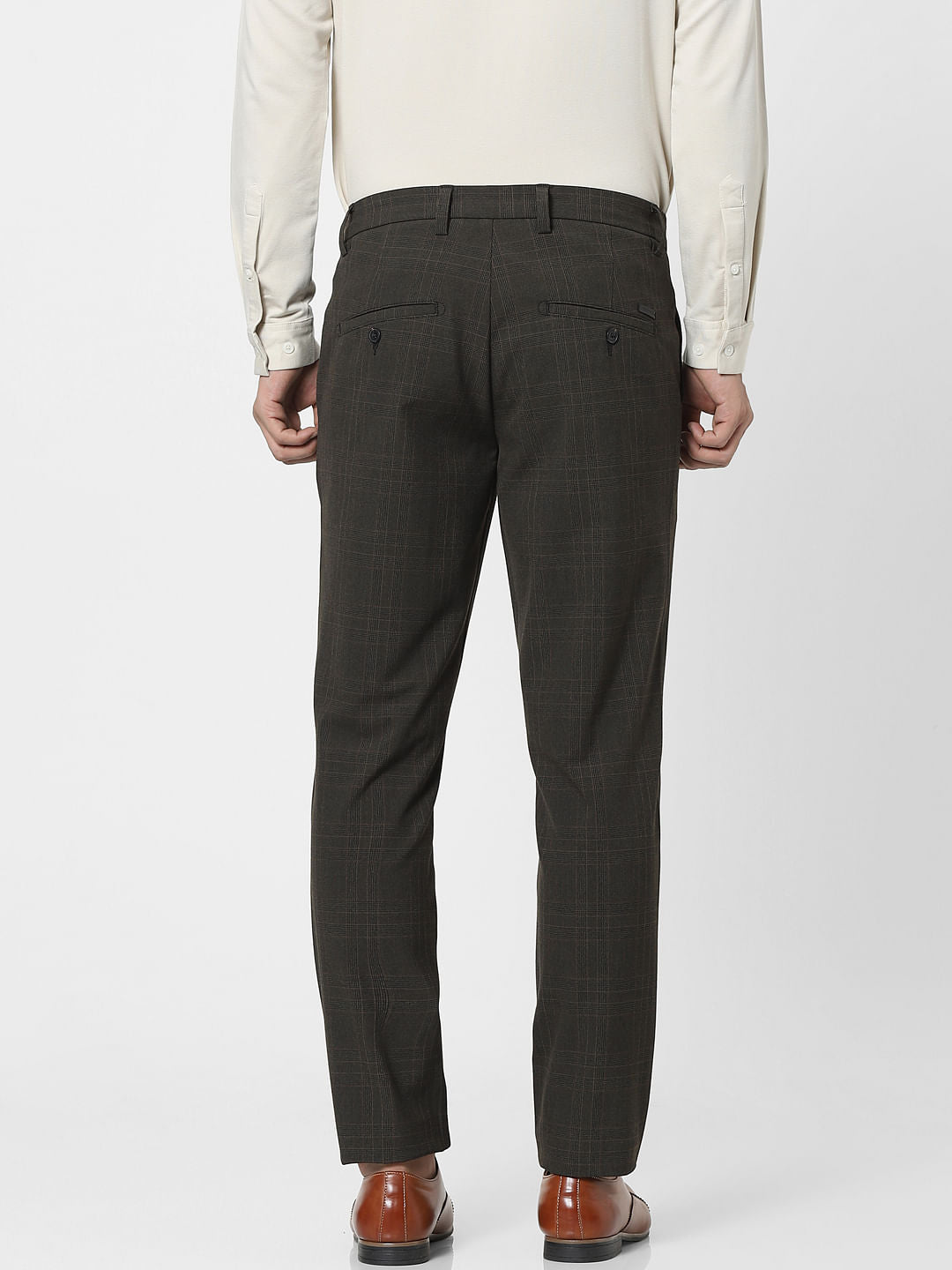 Grey Mid Rise Check Pants