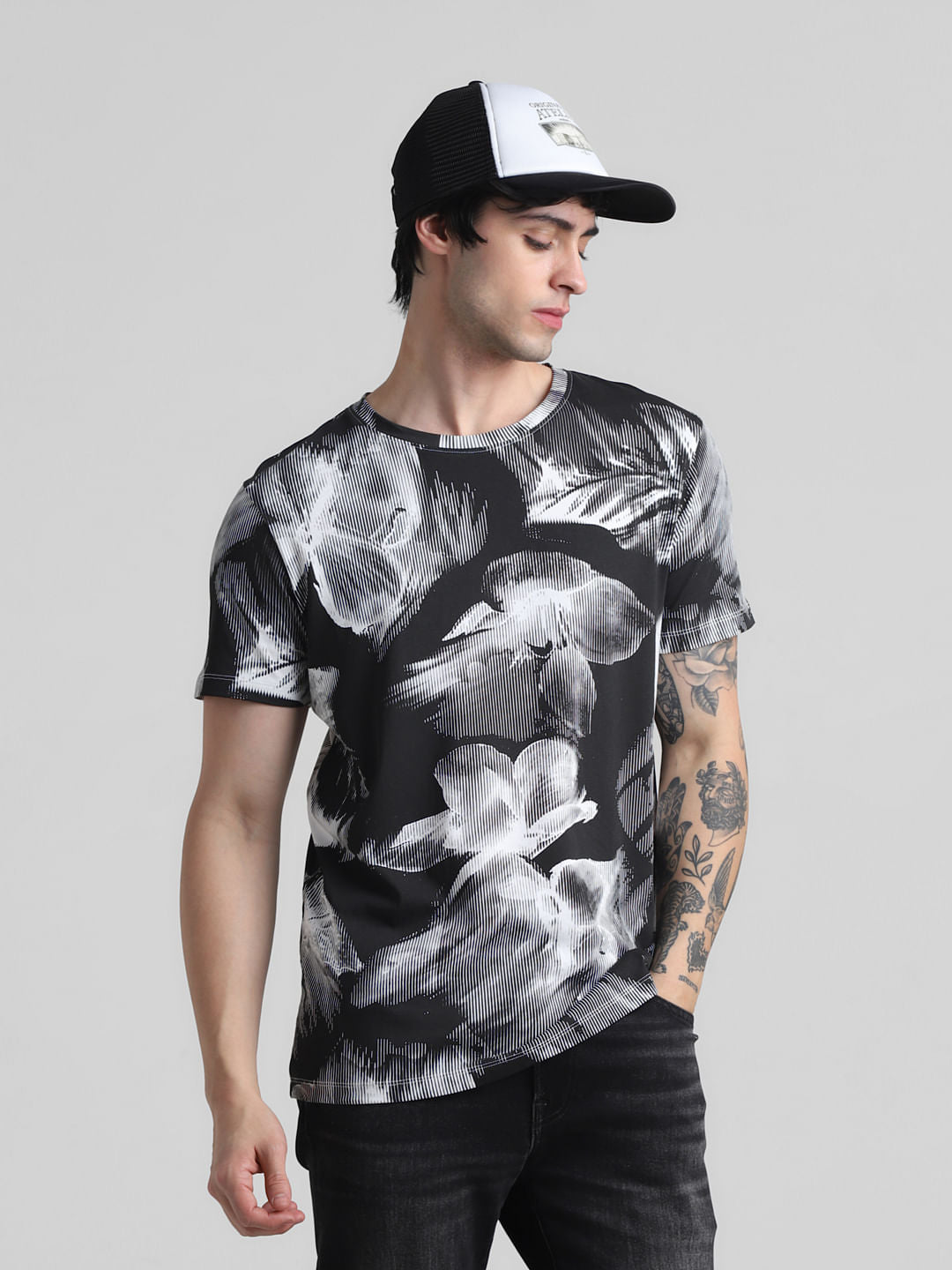 White & Black Printed Crew Neck T-shirt