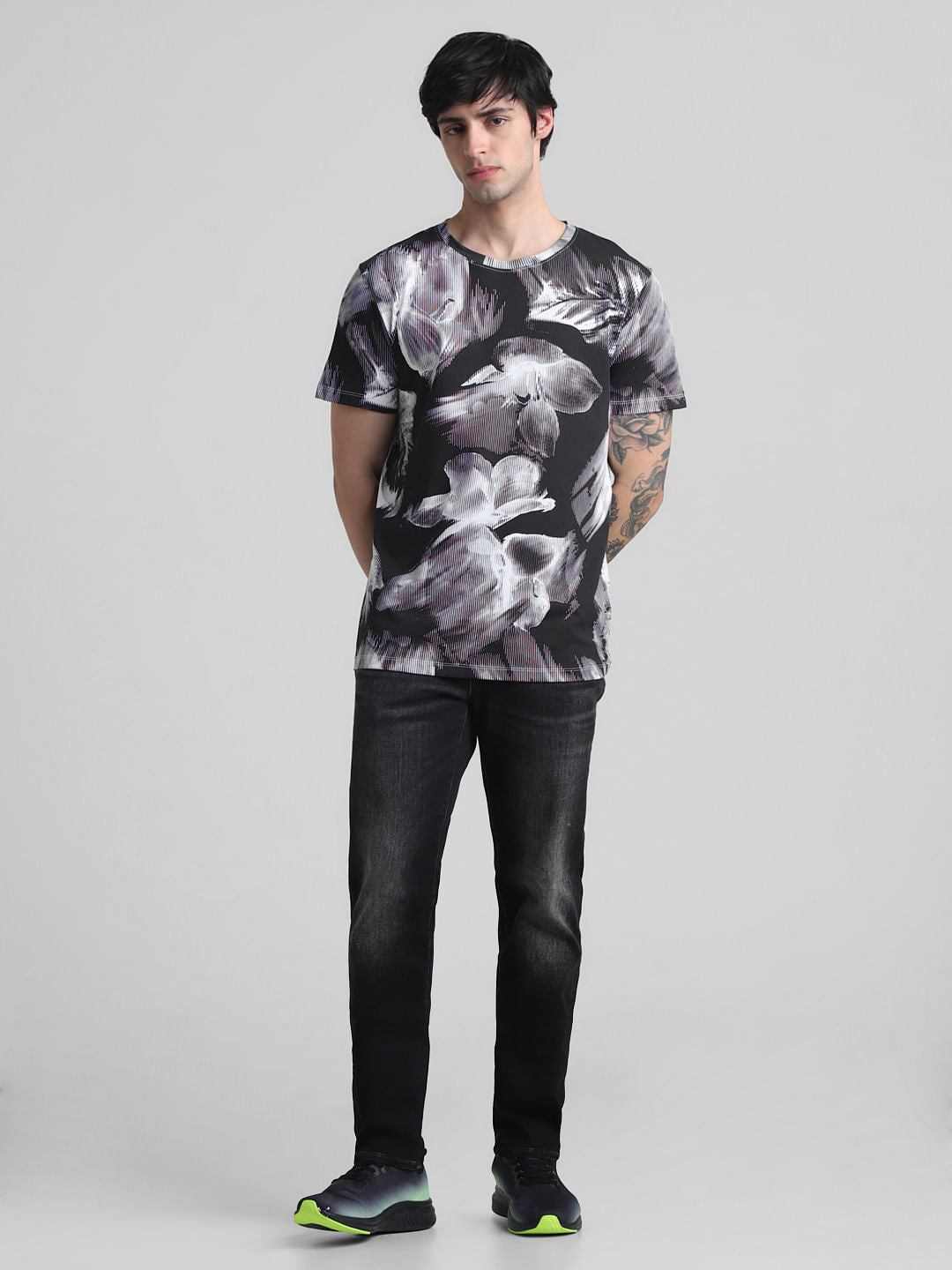 White & Black Printed Crew Neck T-shirt