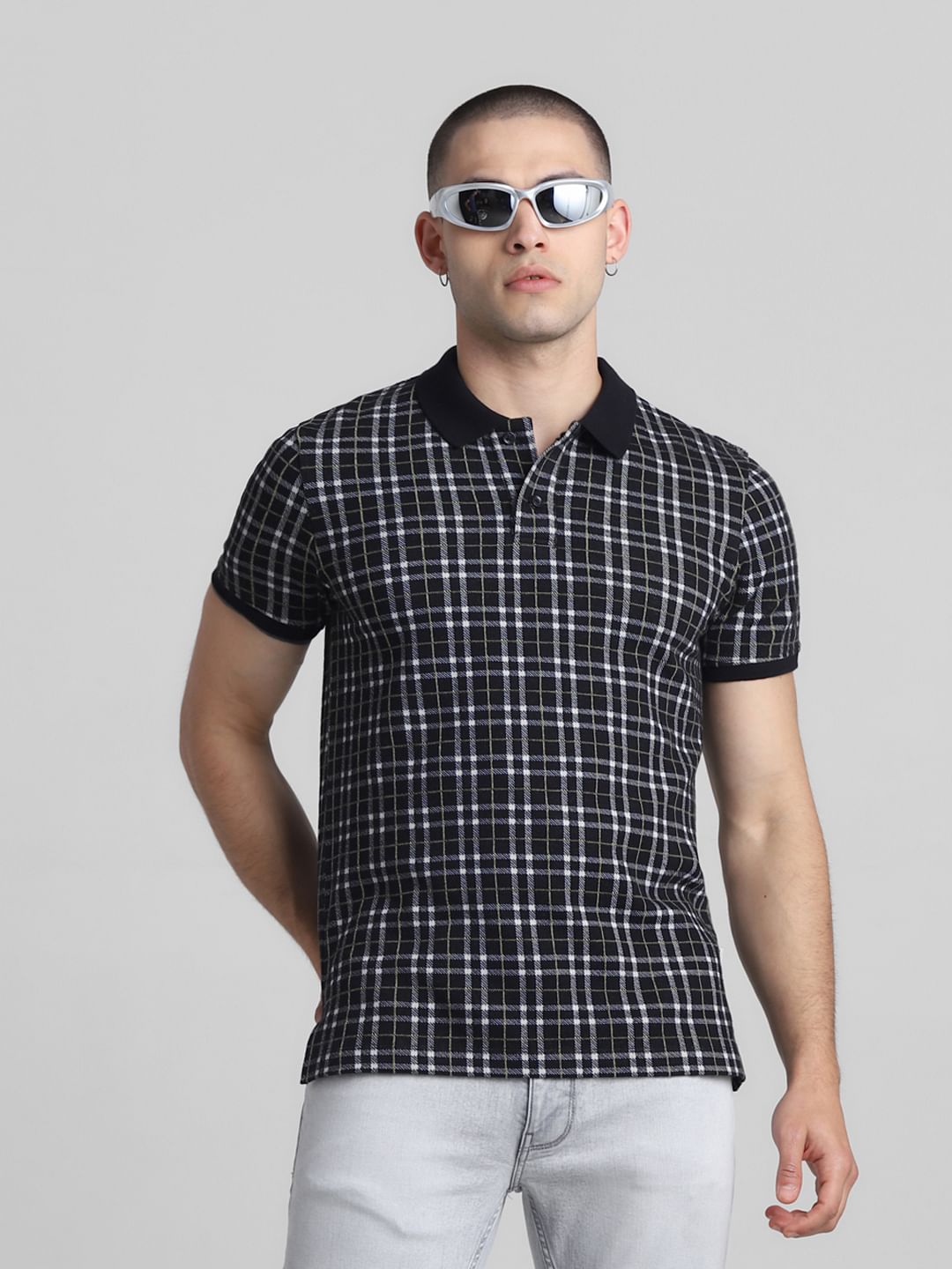 Black Check Print Polo T-shirt - S