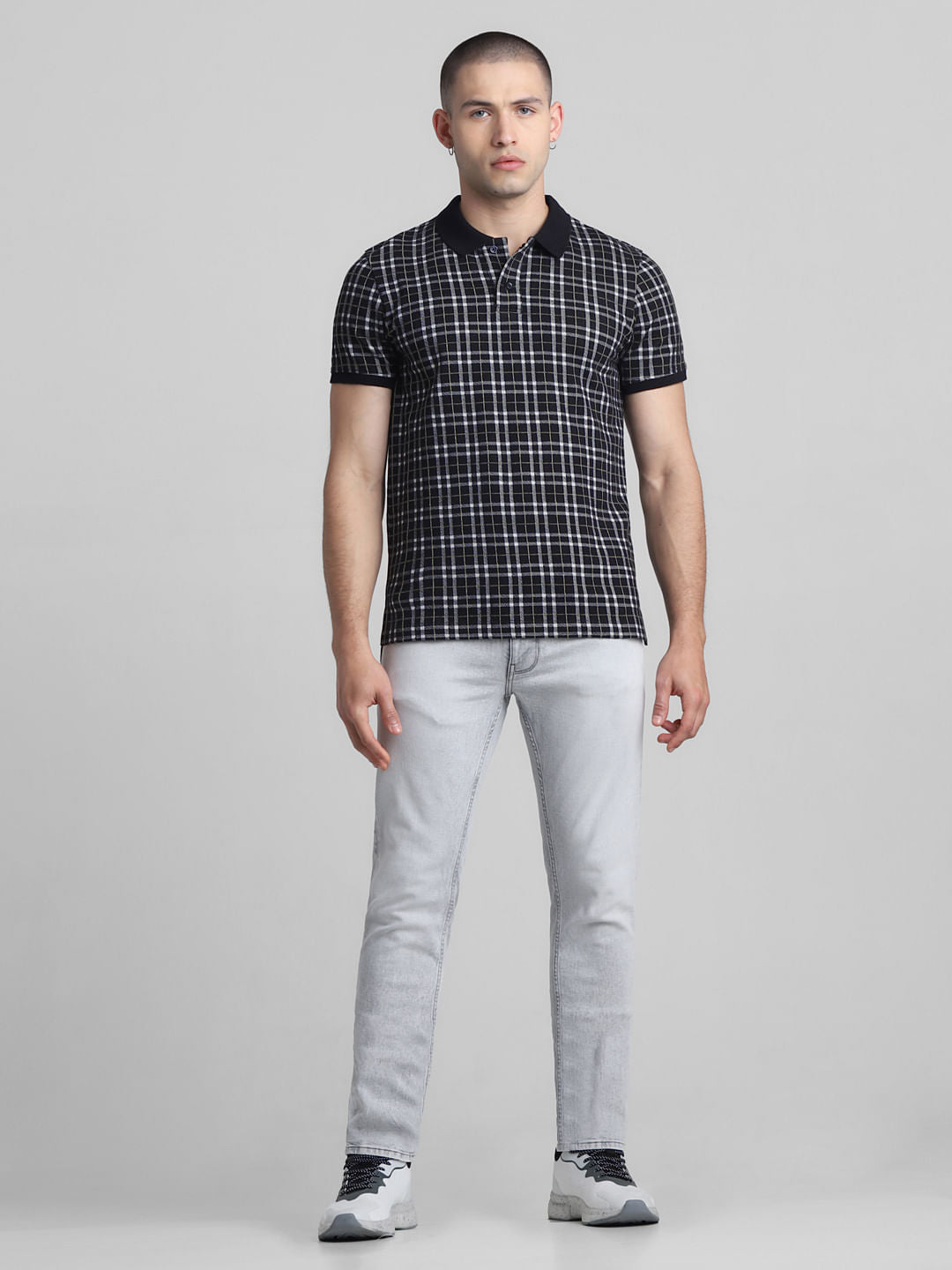 Black Check Print Polo T-shirt