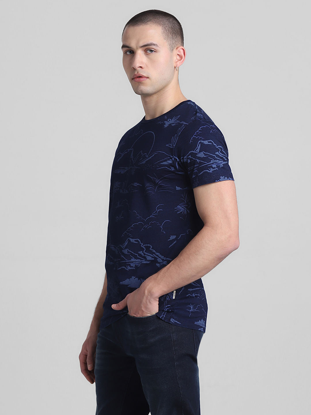 Dark Blue Printed Crew Neck T-shirt
