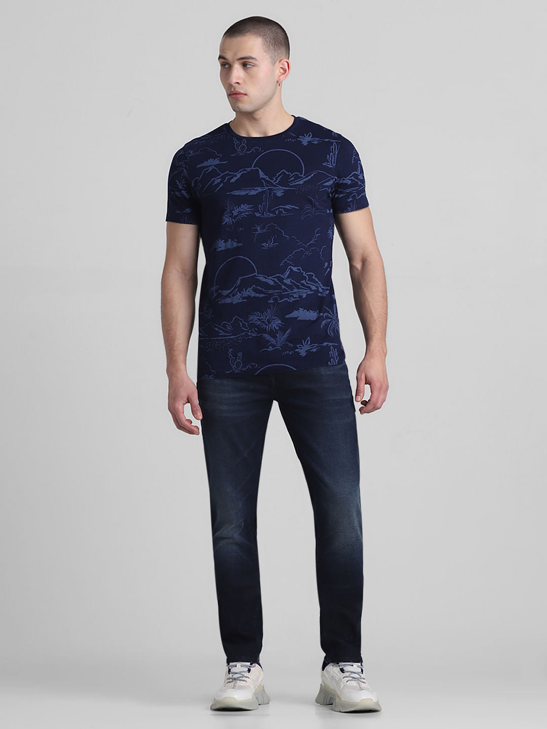 Dark Blue Printed Crew Neck T-shirt