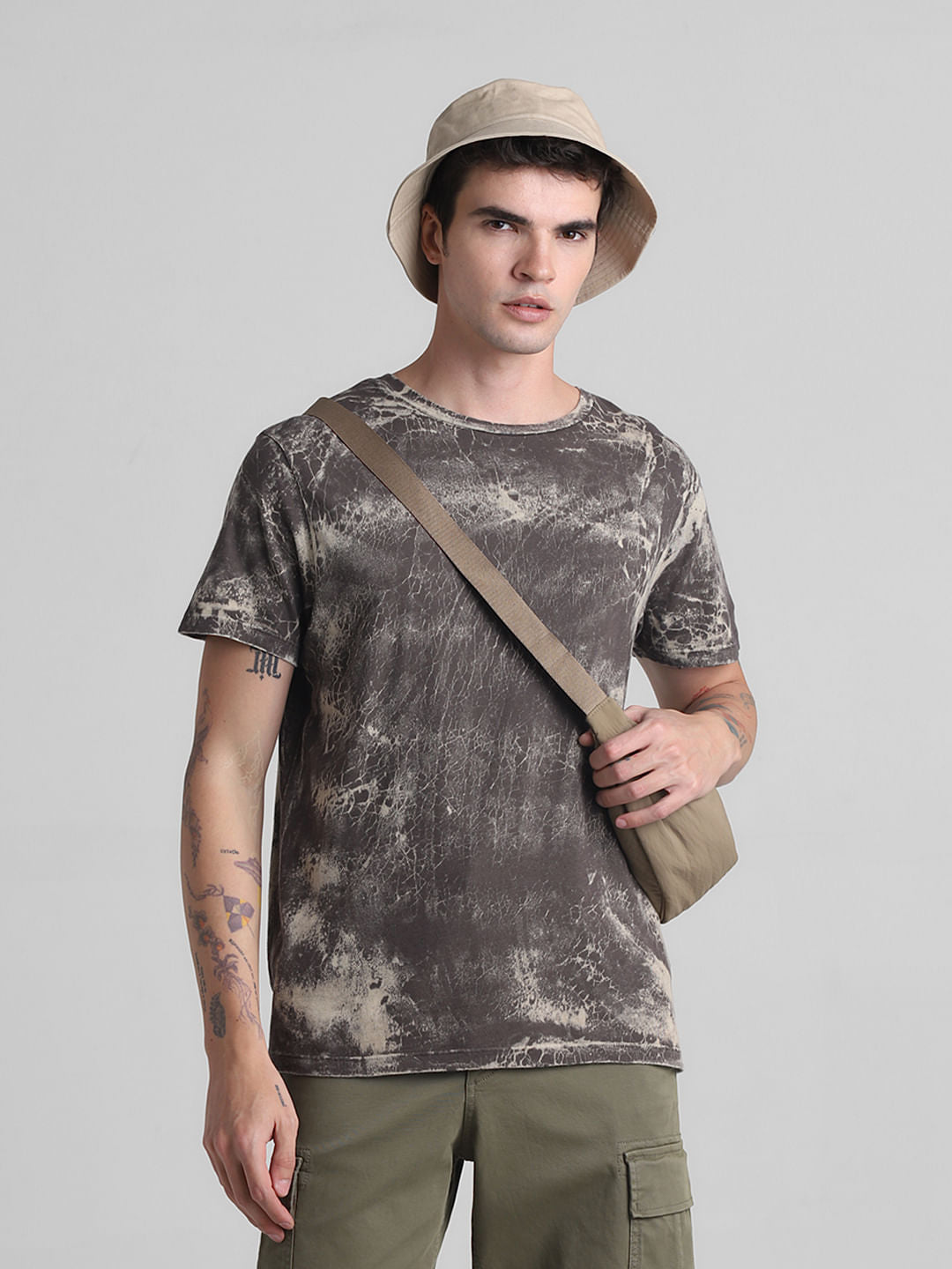 Black Printed Acid Washed T-shirt - S