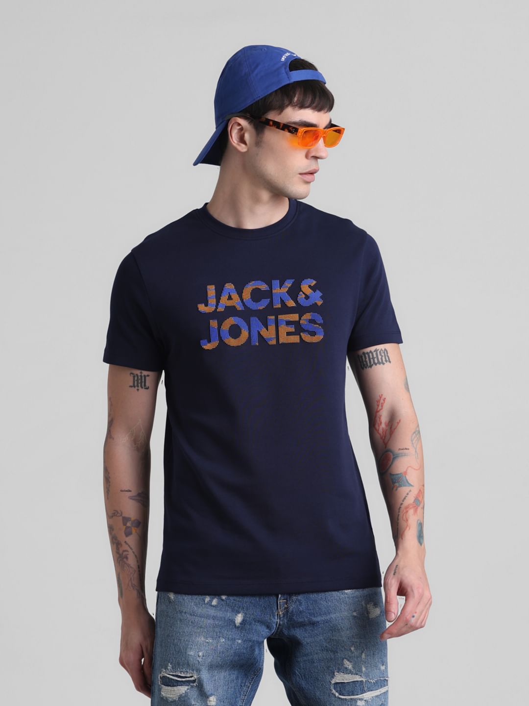 Dark Blue Logo Print Crew Neck T-shirt - S