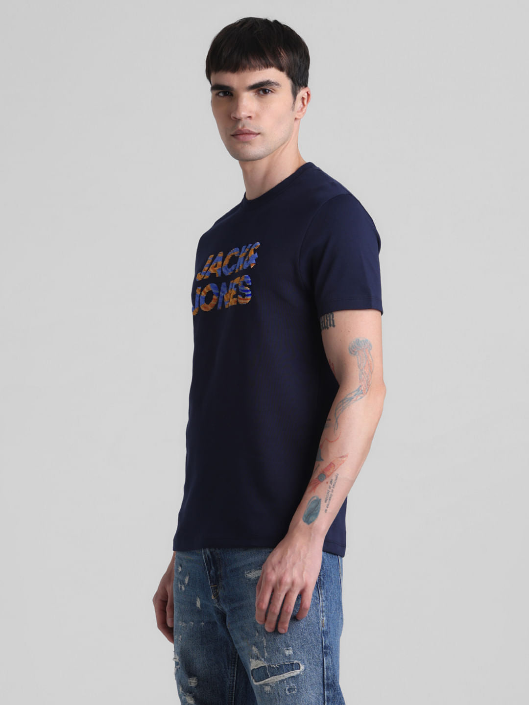 Dark Blue Logo Print Crew Neck T-shirt