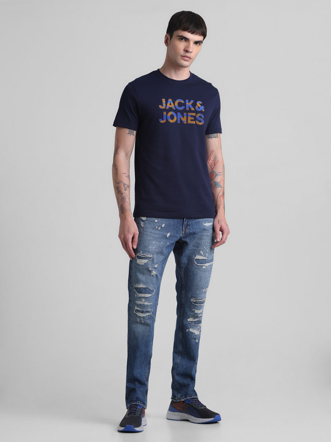 Dark Blue Logo Print Crew Neck T-shirt