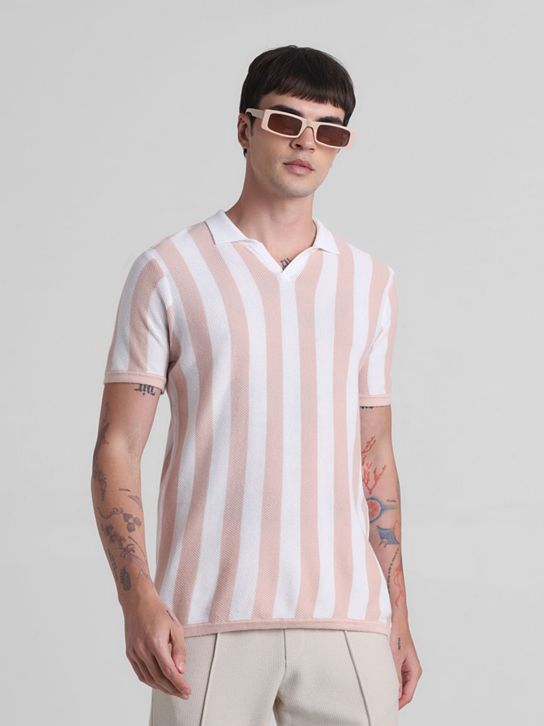 Peach Striped Knitted Polo