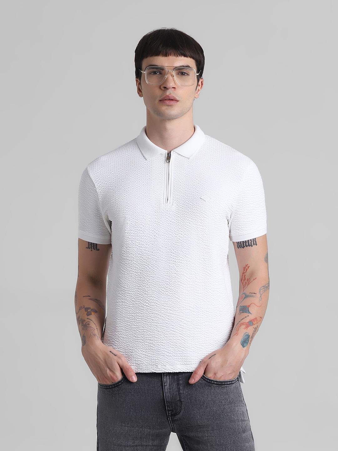 White Textured Polo T-shirt