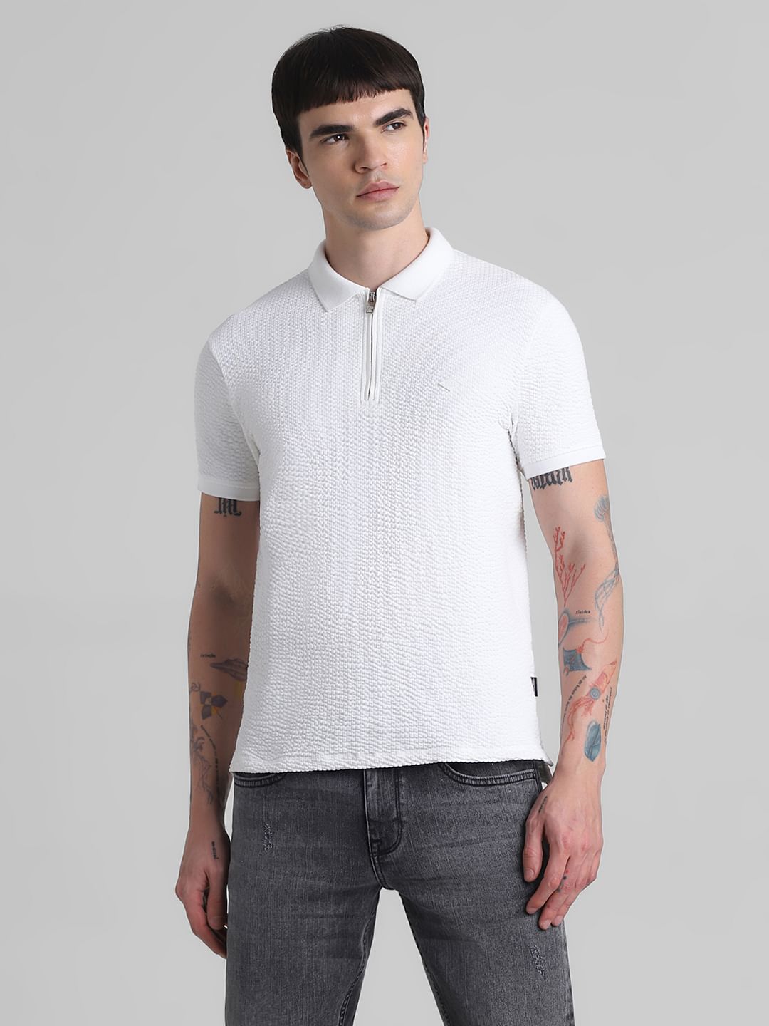 White Textured Polo T-shirt