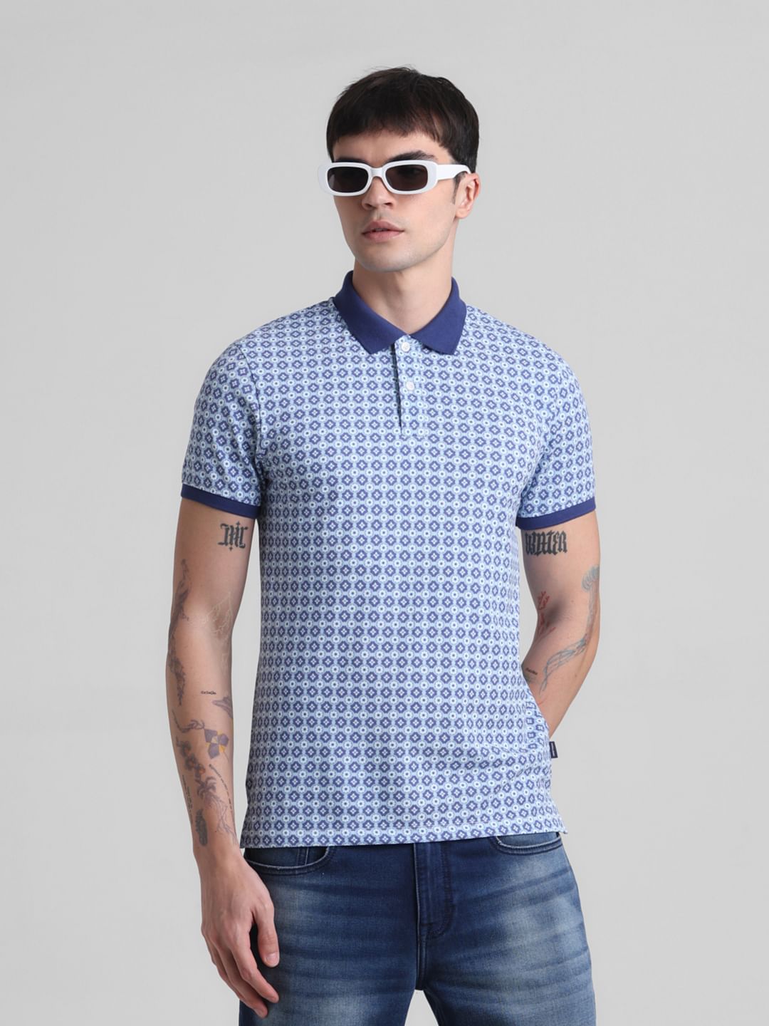 Blue Printed Slim Fit Polo T-shirt - M