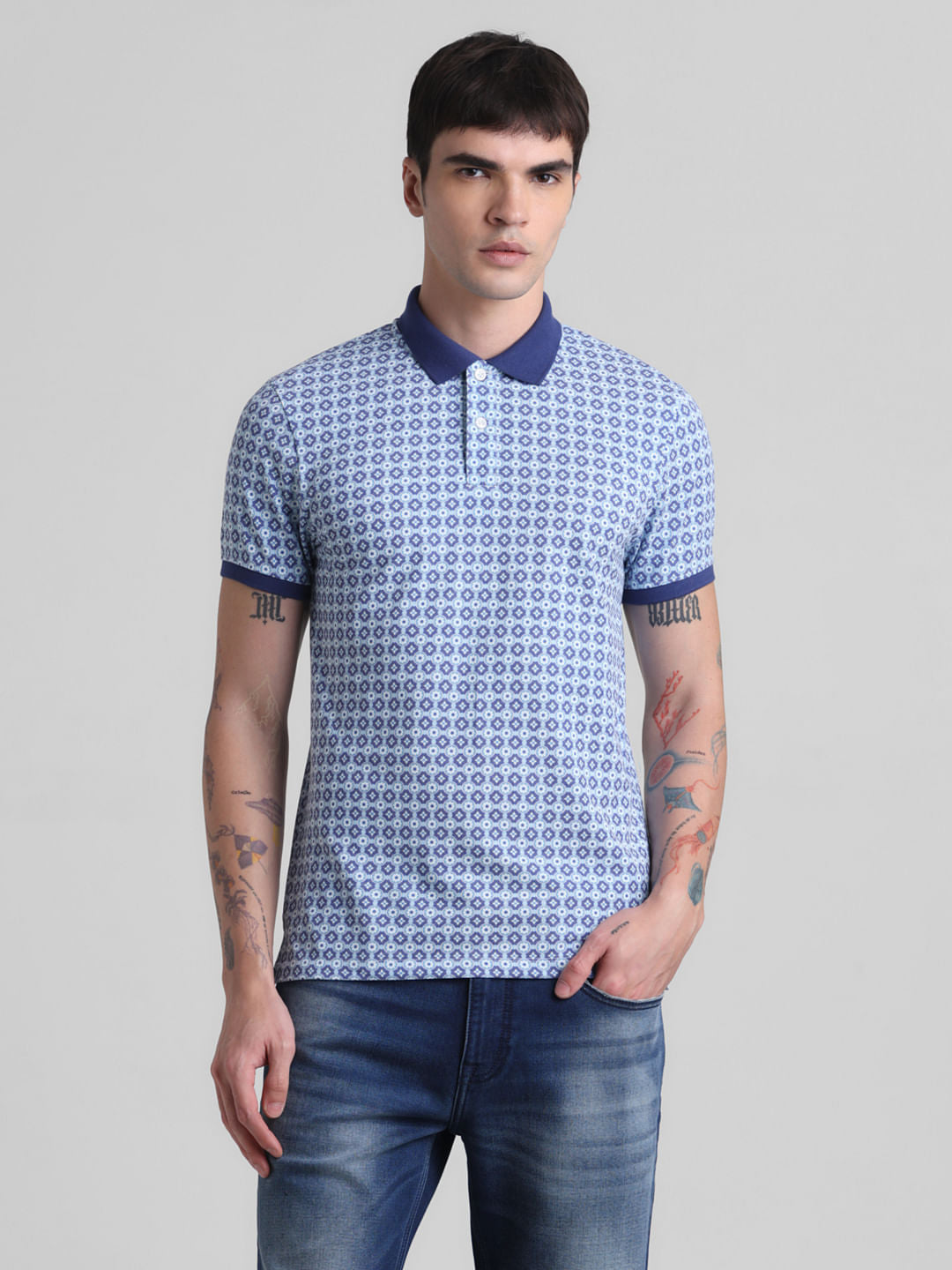 Blue Printed Slim Fit Polo T-shirt