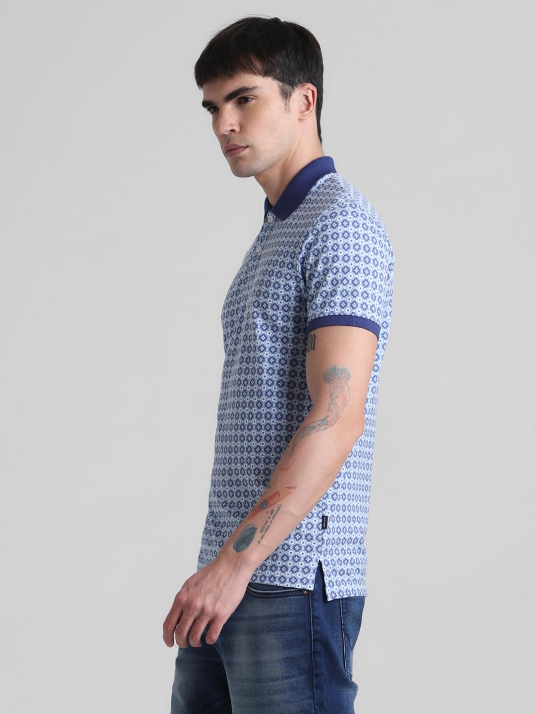 Blue Printed Slim Fit Polo T-shirt