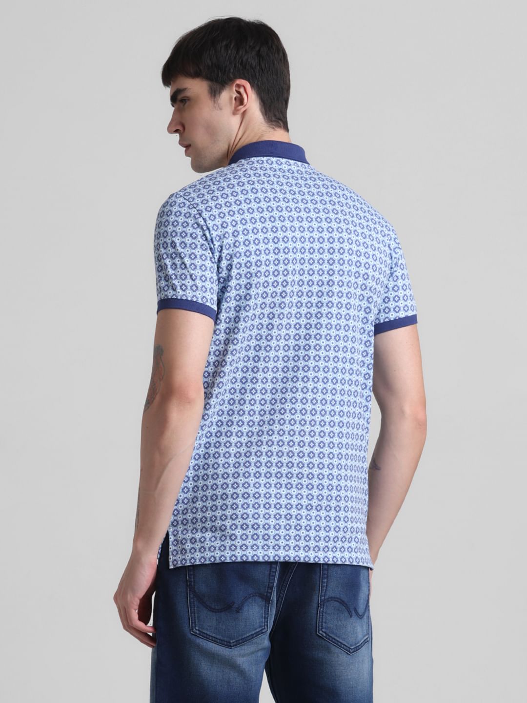 Blue Printed Slim Fit Polo T-shirt