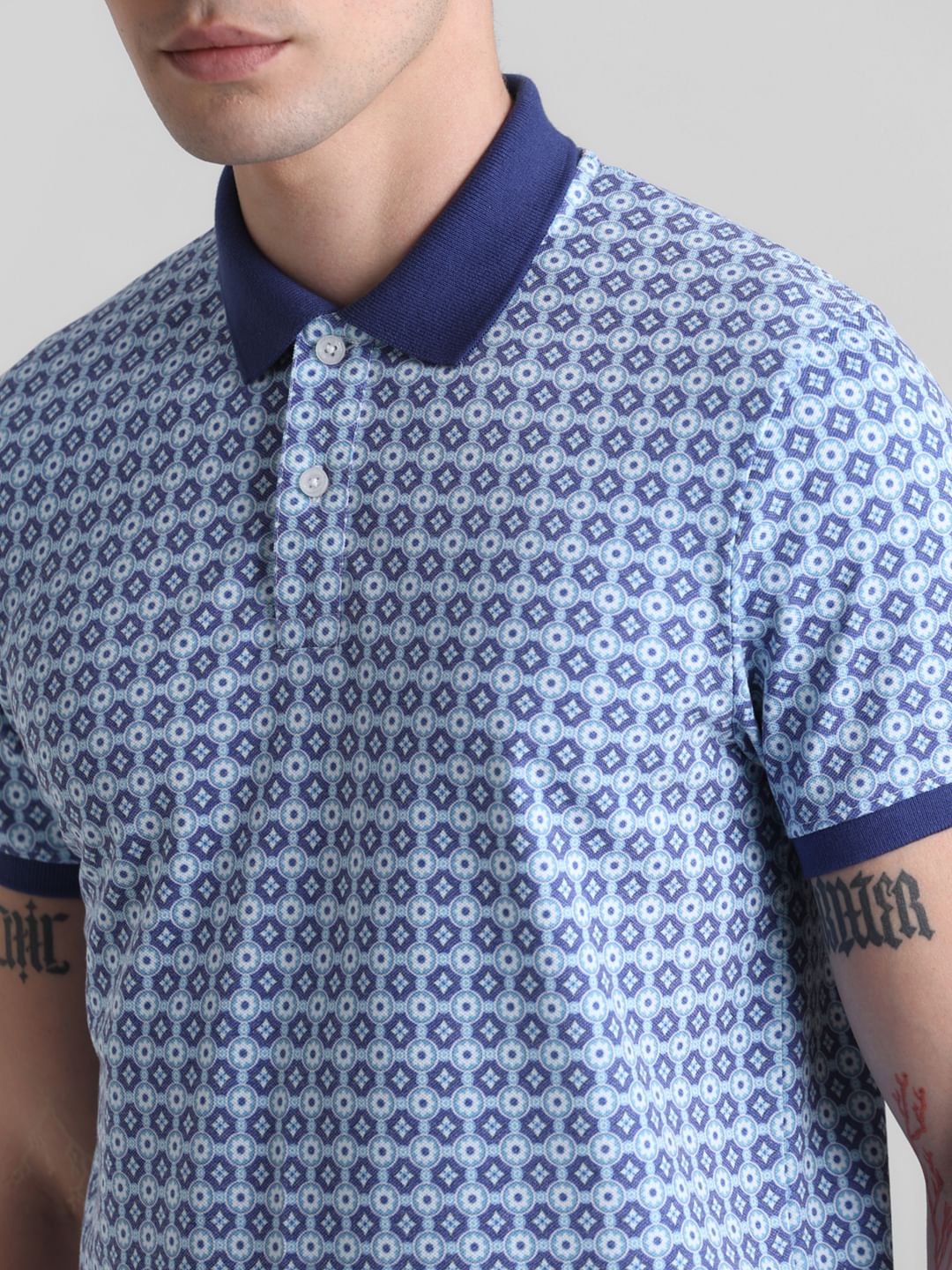 Blue Printed Slim Fit Polo T-shirt