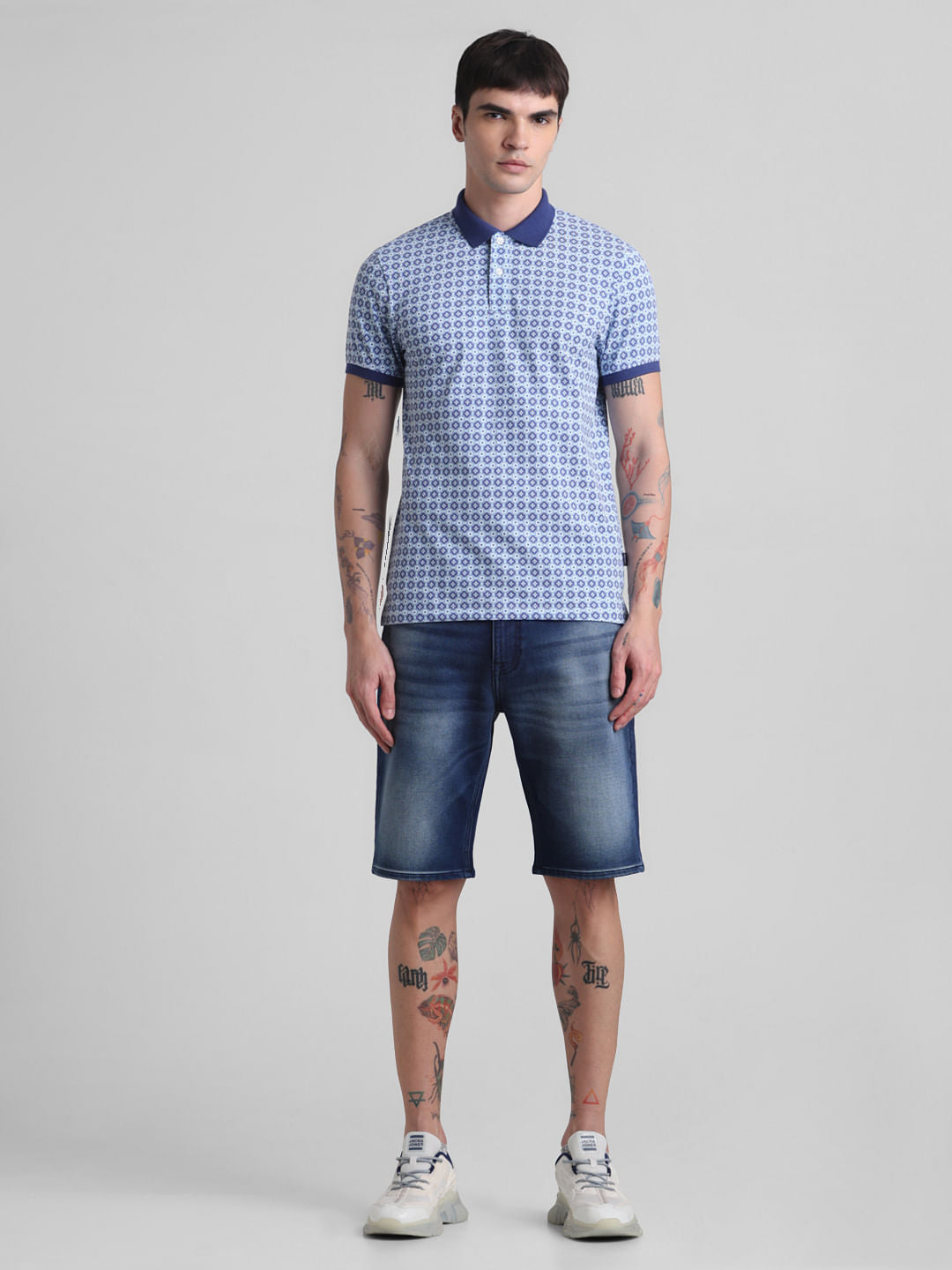 Blue Printed Slim Fit Polo T-shirt
