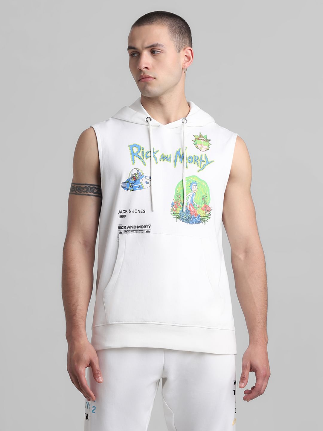 RICK & MORTY White Printed Hooded Vest