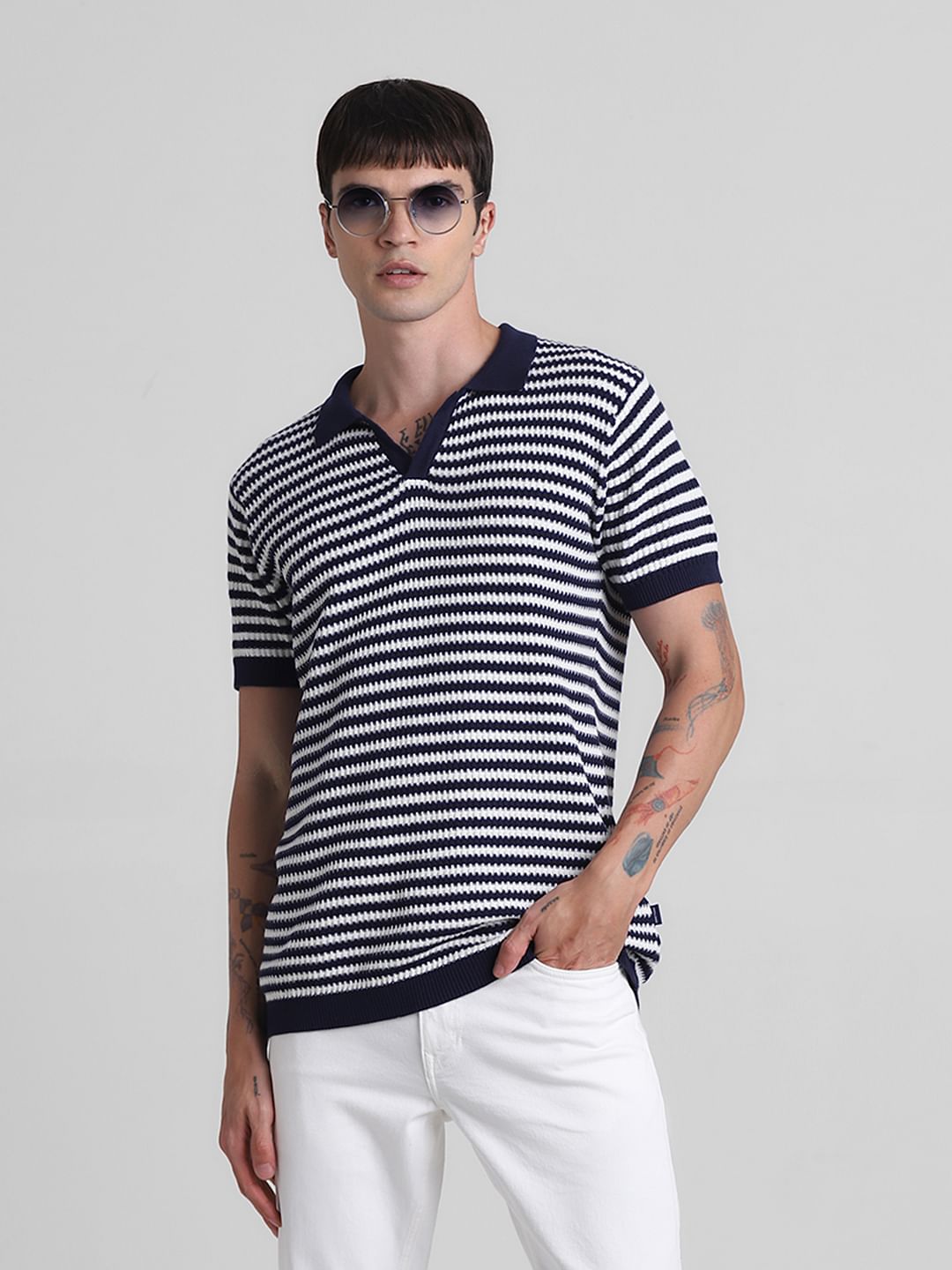 Blue Striped Knitted Polo - S