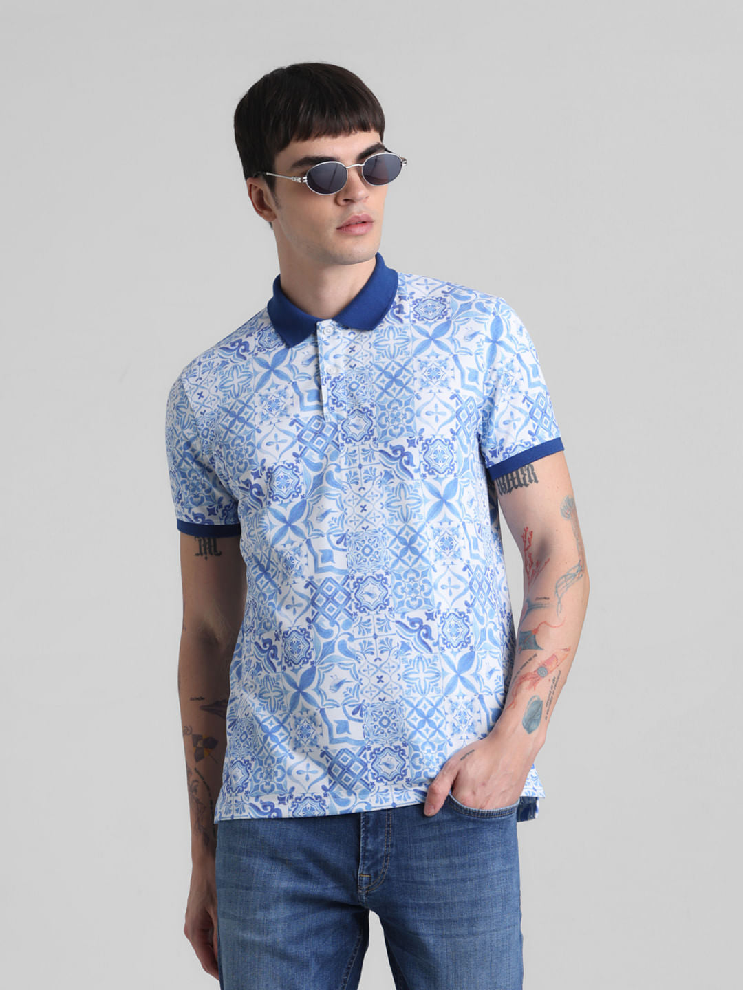 Light Blue Printed Polo T-shirt - L