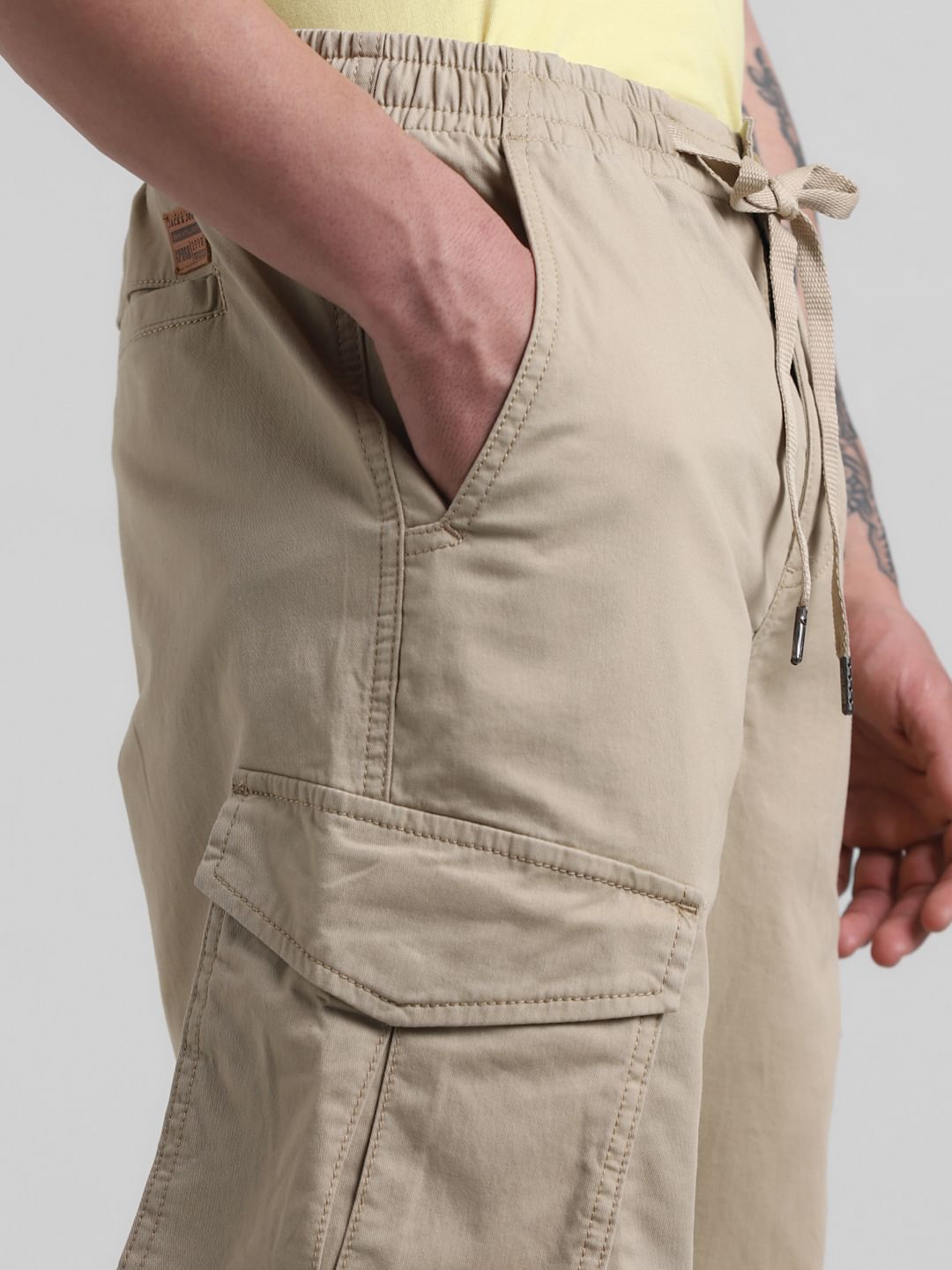 Beige 6 Pocket Regular Fit Cargos