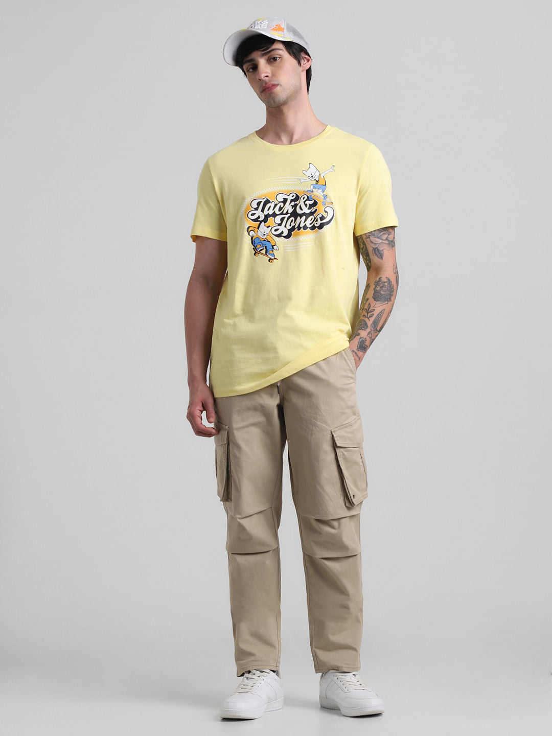 Beige 6 Pocket Regular Fit Cargos