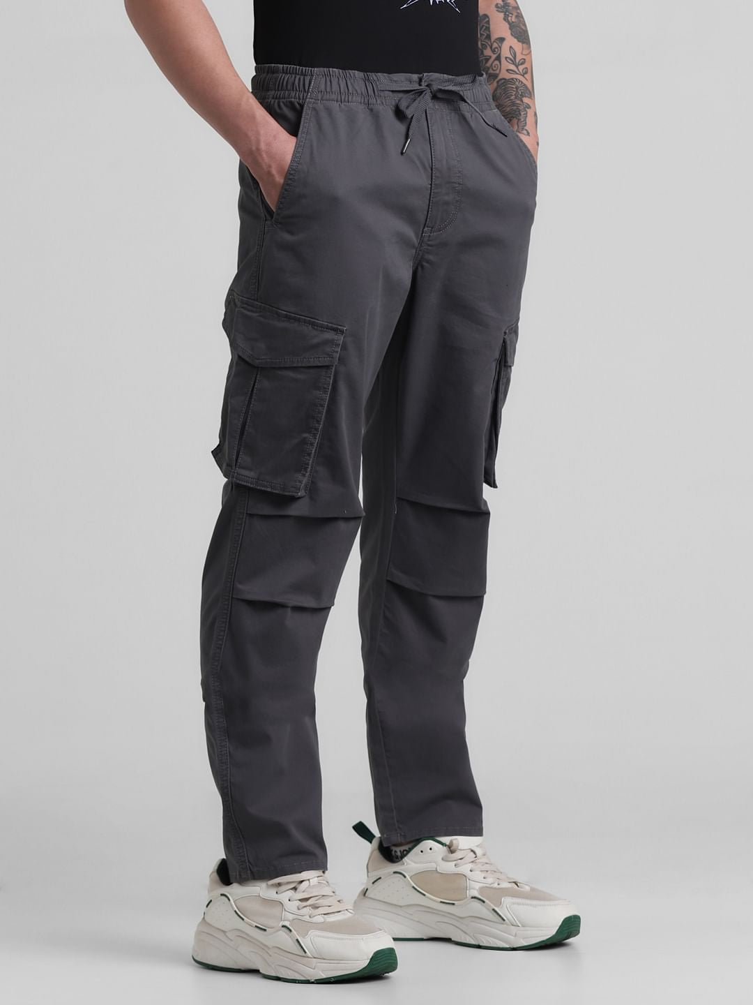 Charcoal Grey Mid Rise Cargo Pants