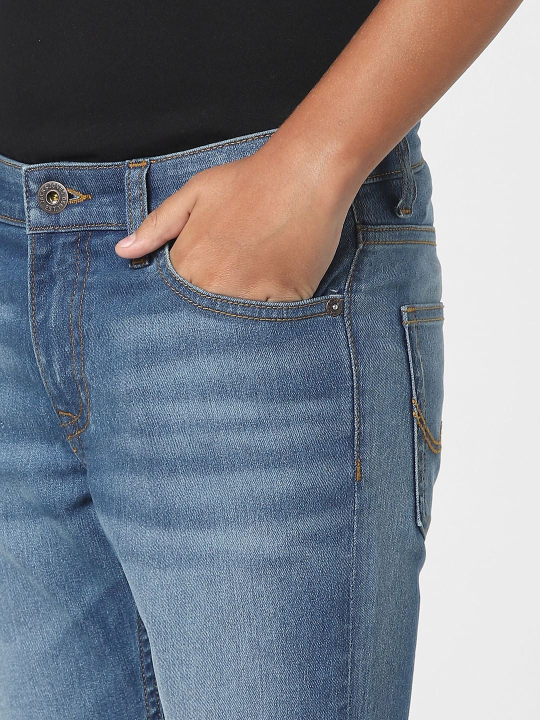 Blue Mid Rise Distressed Regular Jeans