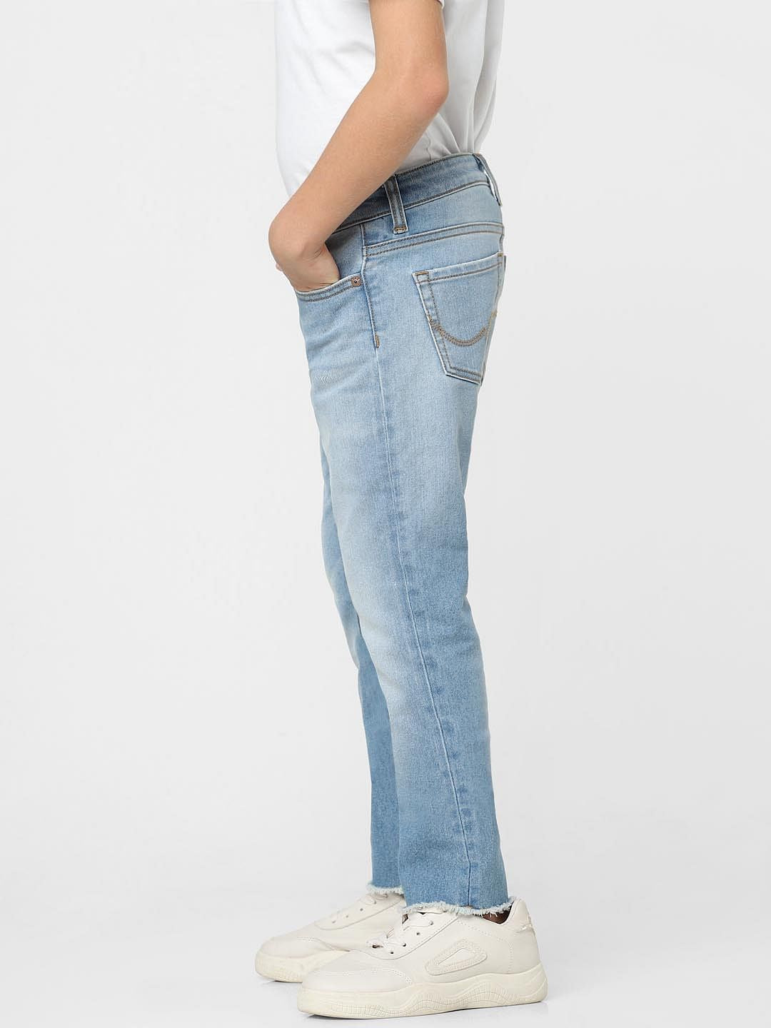 Boys Light Blue Mid Rise Frayed Hem Straight Jeans