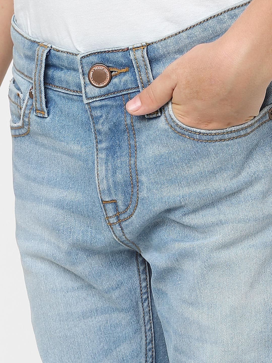 Boys Light Blue Mid Rise Frayed Hem Straight Jeans