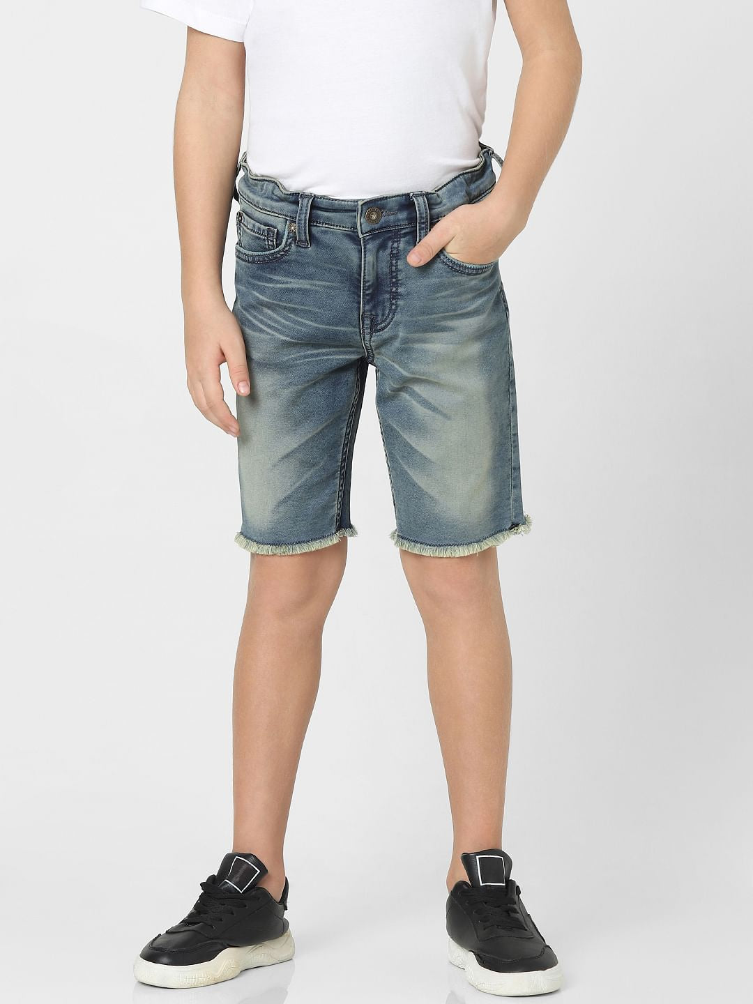 Boys Dark Blue Mid Rise Frayed Hem Denim Shorts