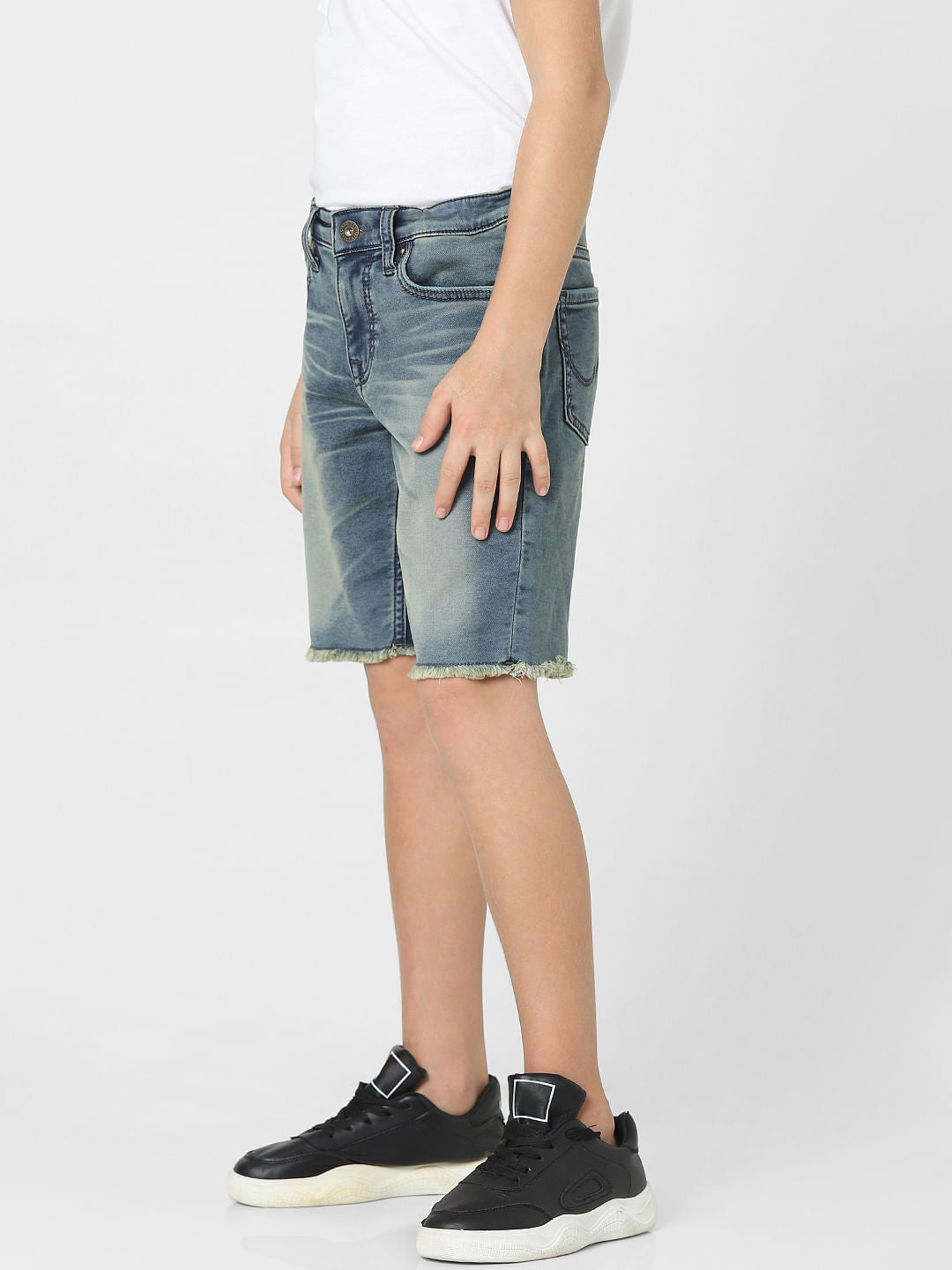 Boys Dark Blue Mid Rise Frayed Hem Denim Shorts