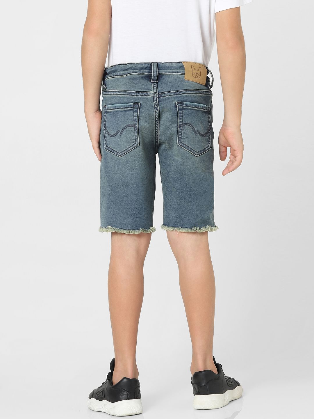 Boys Dark Blue Mid Rise Frayed Hem Denim Shorts