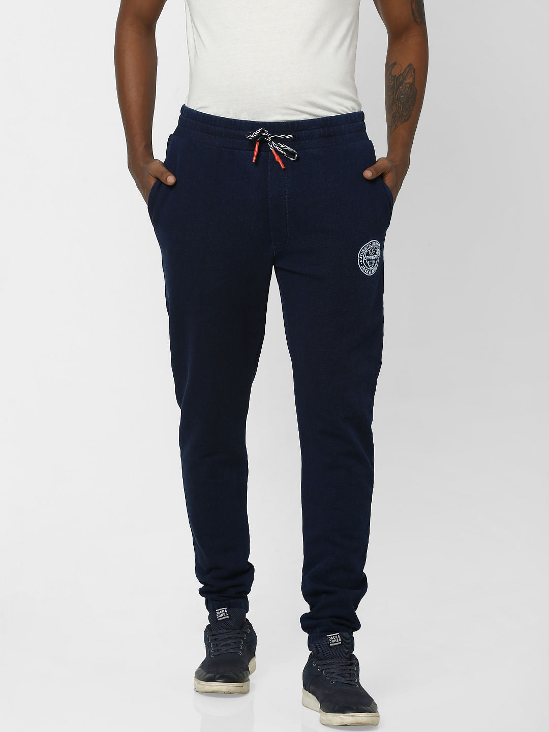 Navy Logo Print Drawstring Sweatpants