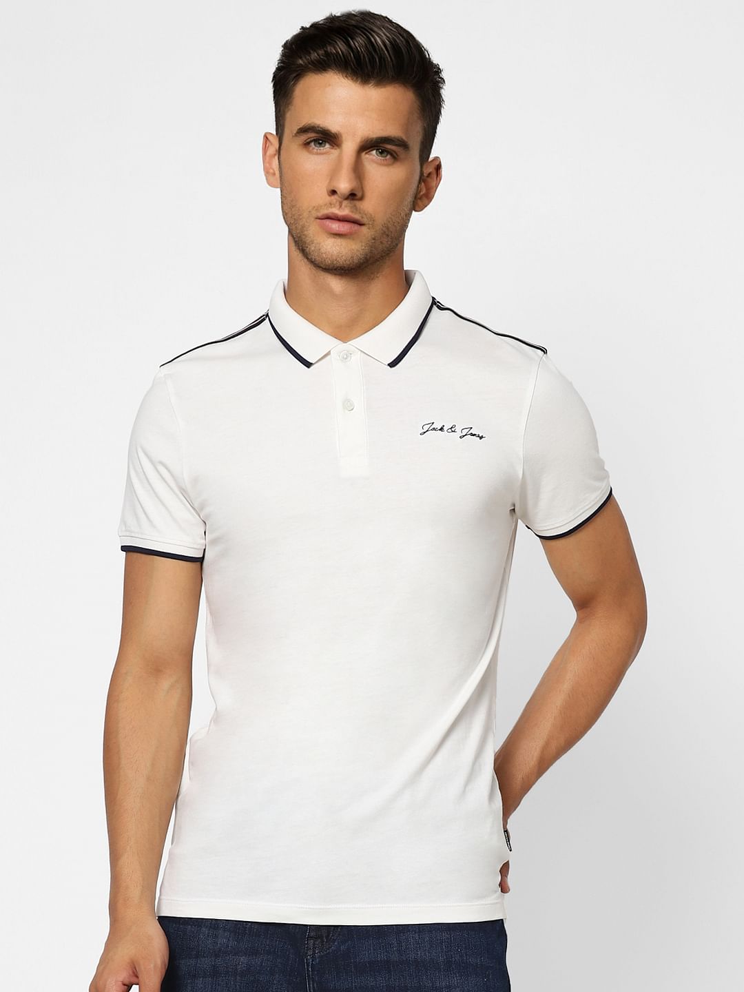 White Logo Print Polo Neck T-shirt