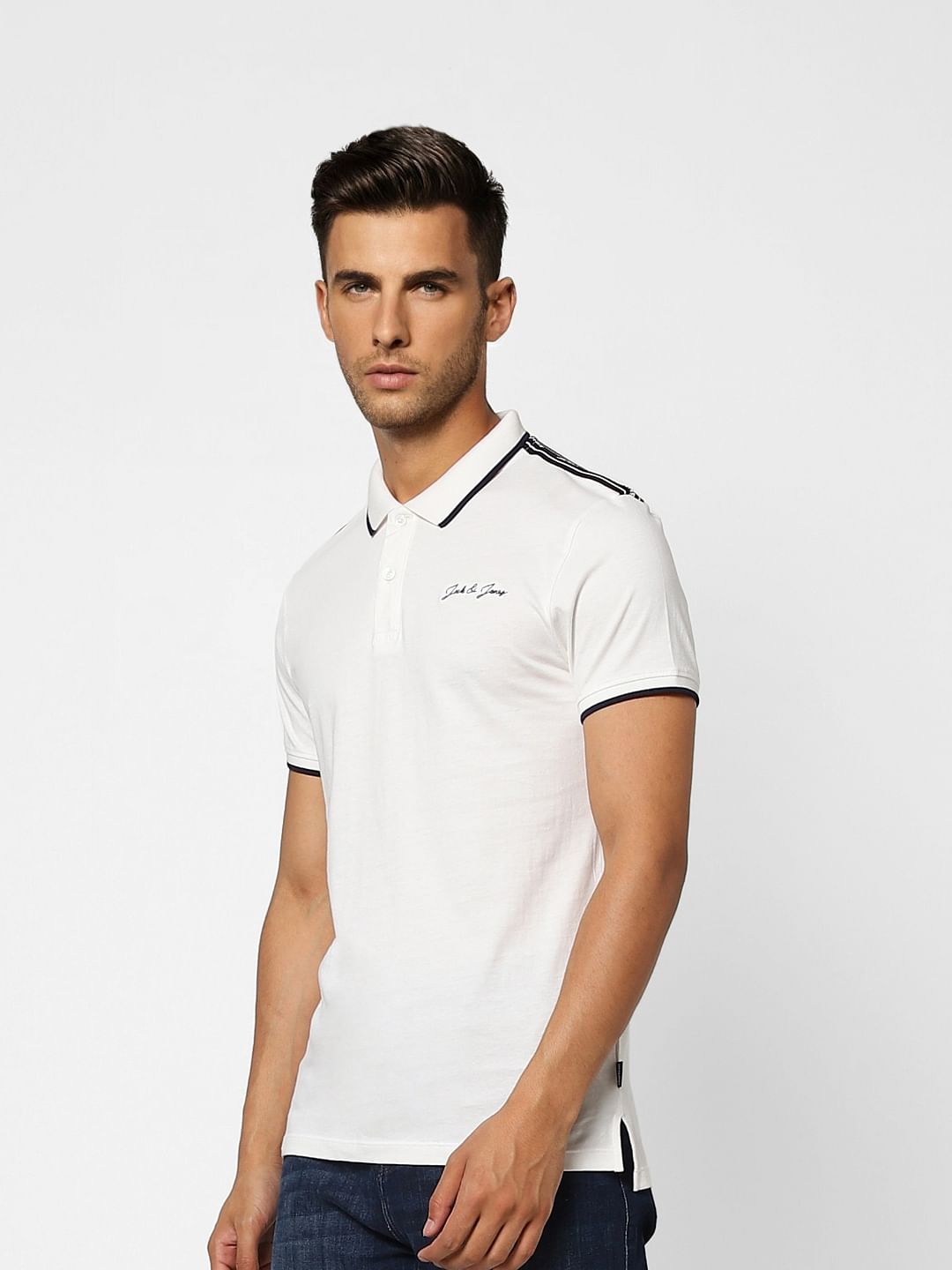 White Logo Print Polo Neck T-shirt