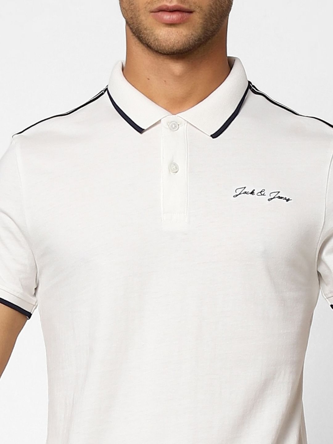 White Logo Print Polo Neck T-shirt