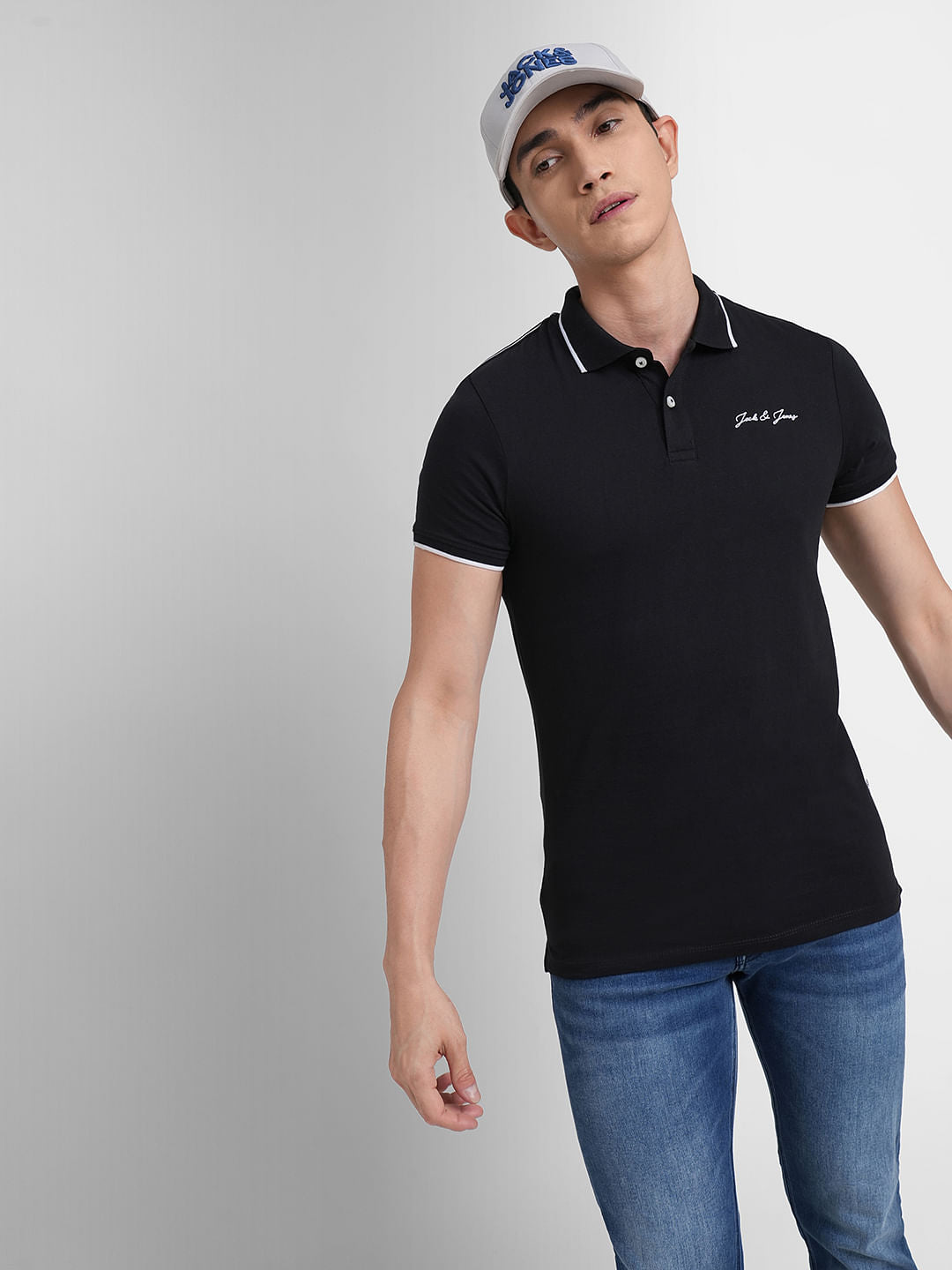 Black Logo Print Polo Neck T-shirt - S