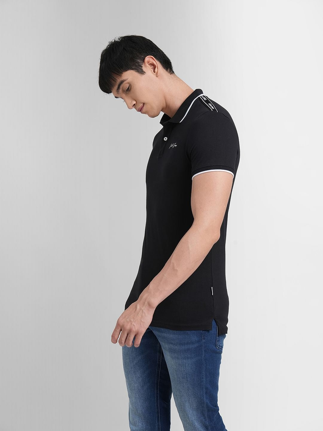 Black Logo Print Polo Neck T-shirt