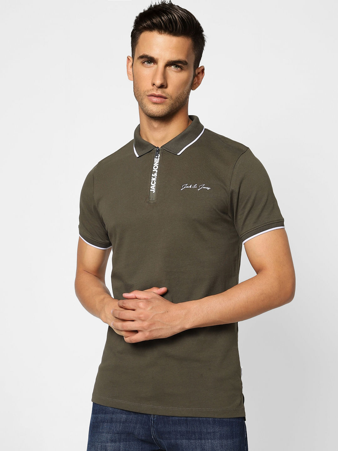 Green Logo Print Polo Neck T-shirt