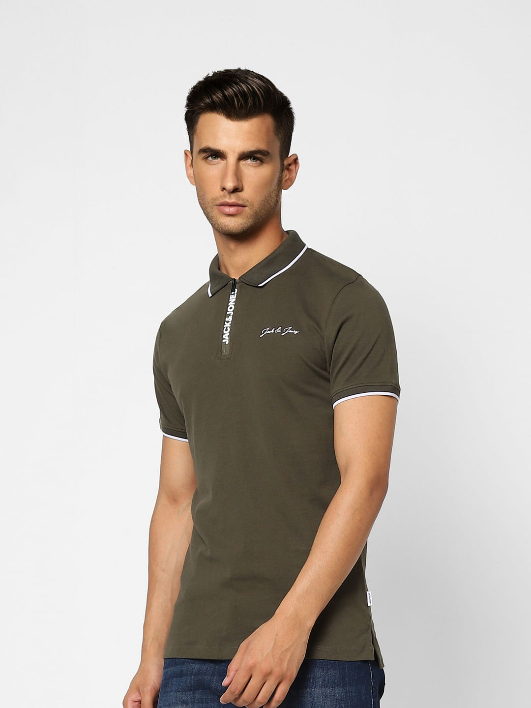 Green Logo Print Polo Neck T-shirt